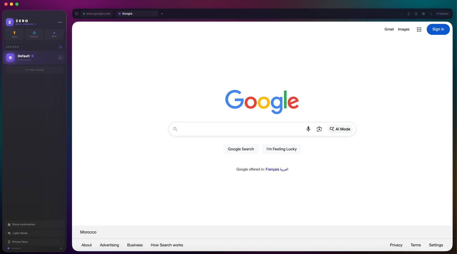 Zero Browser interface — dark premium theme
